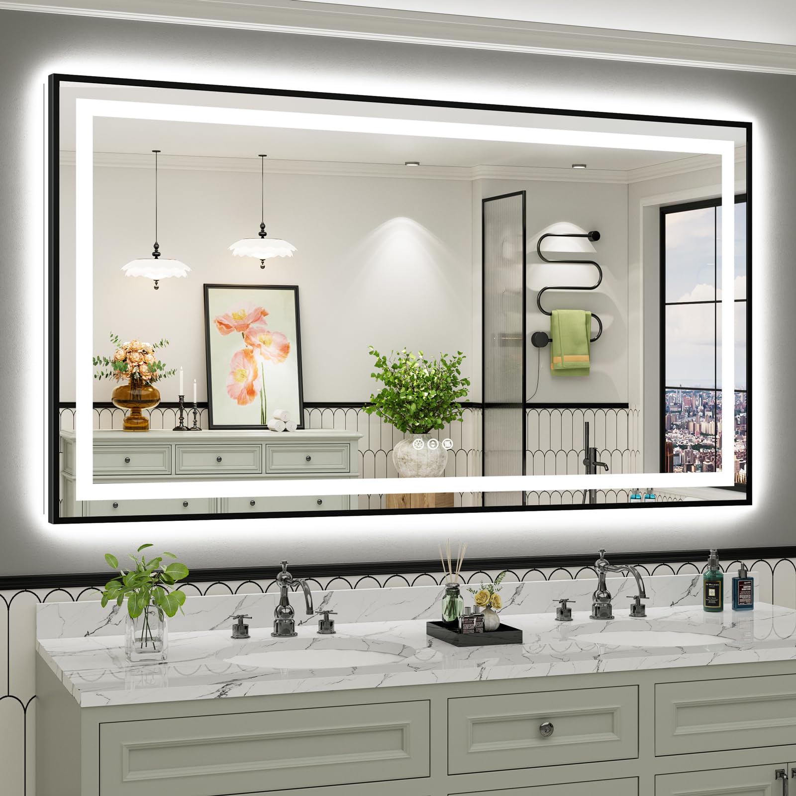 72x40 Inch LED Bathroom Mirror with Black Frame, Backlit &amp; Front Lit