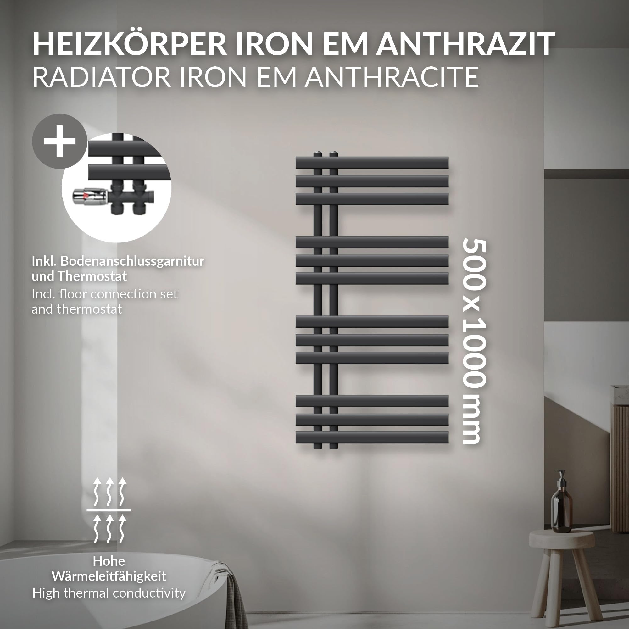 LuxeBath Radiatore Sahara 500 x 1200 mm Termosifone in Acciaio Nero Opaco Dritto con Raccordo Centrale Calorifero Scaldasalviette Asciugamani Arredamento Termico Riscaldamento per il Bagno