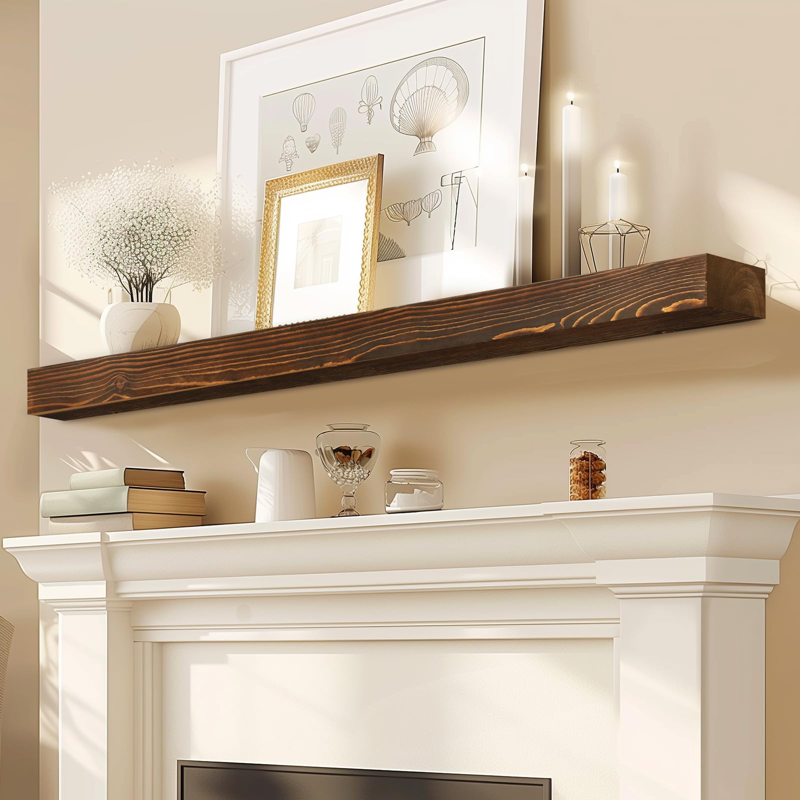 60x8x3 fireplace mantel - solid rustic wood - wall mounted floating shelf with invisible heavy duty steel bracket (weathered brown)