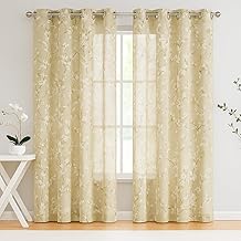 BFAM Sheer Curtain with Floral Print, Premium Printed Sheer Drapes, Eyelet/Grommet Curtain for Living Room, Bedroom, Light Filtering Curtains, Beige Floral 8 Feet Set of 2