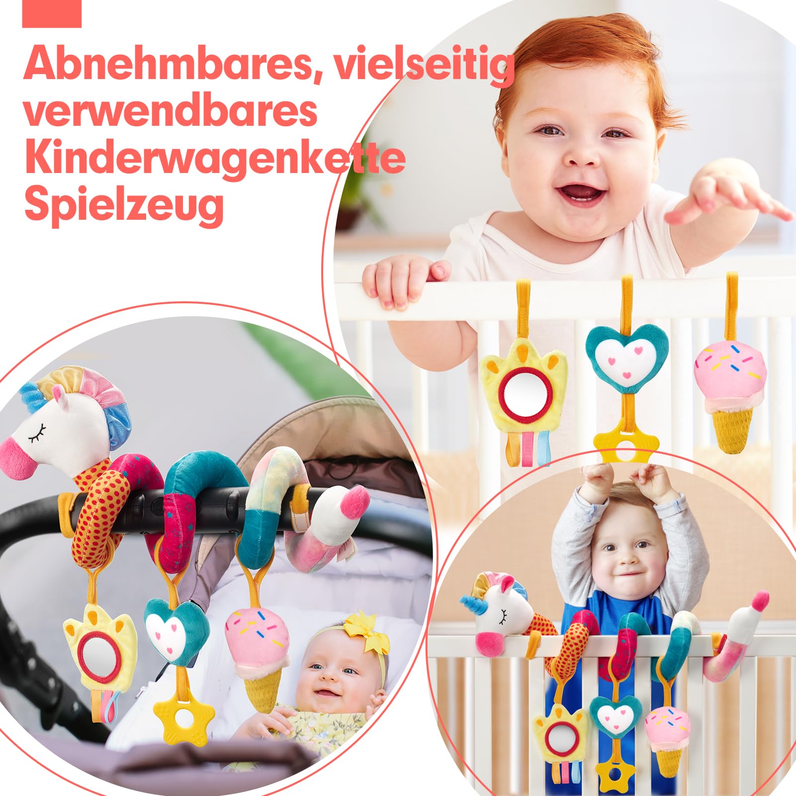 hahaland Kinderwagen Spielzeug, Kinderwagenkette mit Einhorn Mustern, Activity Spirale Spielzeug für Bett, Babyschale Spielzeug,Autositz,Plüsch Baby Spielzeug für ab 0 Monate Junge Mädchen