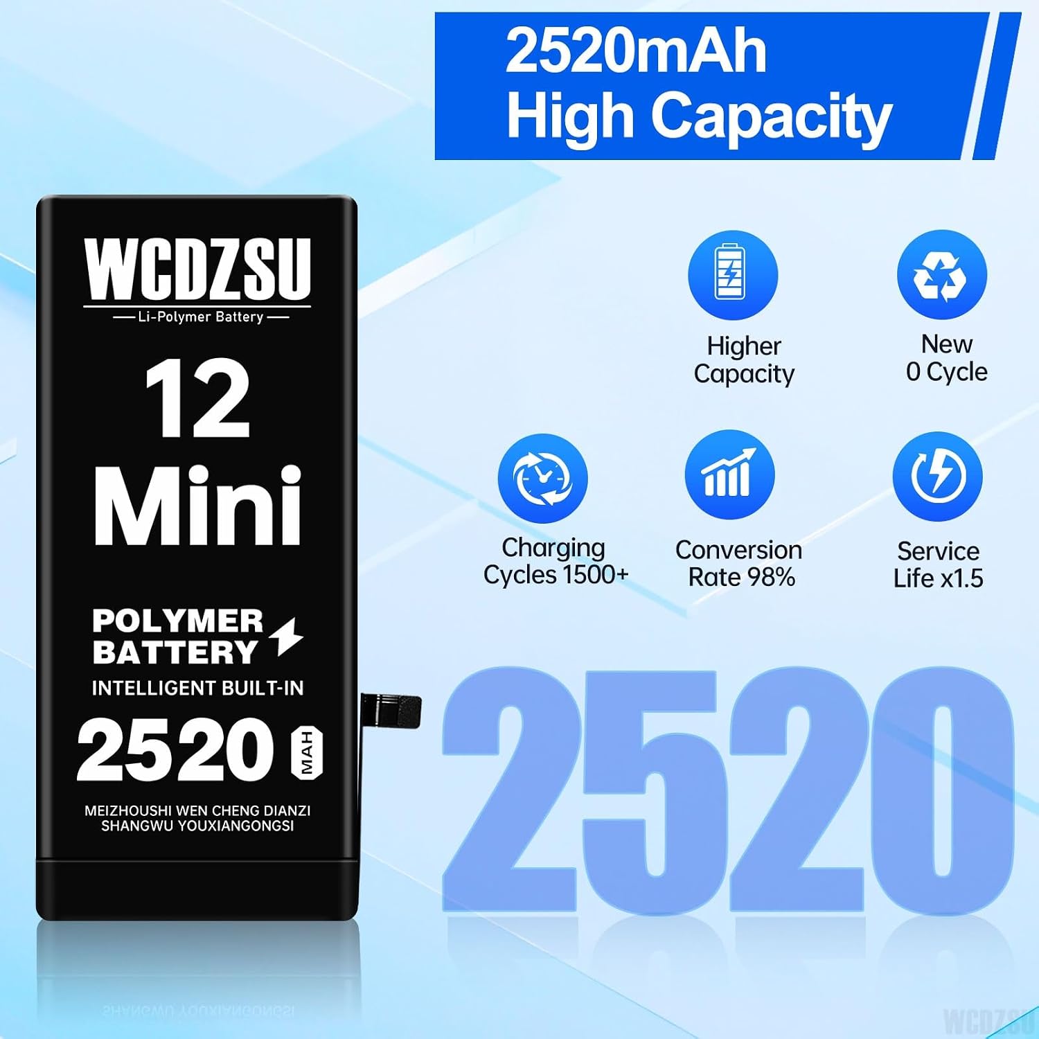 Battery Replacement for iPhone 12 Mini 2520mAh High Capacity New 0 Cycle Li-Polymer Battery for iPhone 12 Mini with Complete Repair Tool Kit Model A2176 A2398 A2400 A2399
