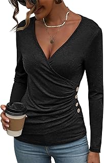 EasyGala Womens Long Sleeve Deep V Neck Tops Slim Fit Shirts Sexy Outfits