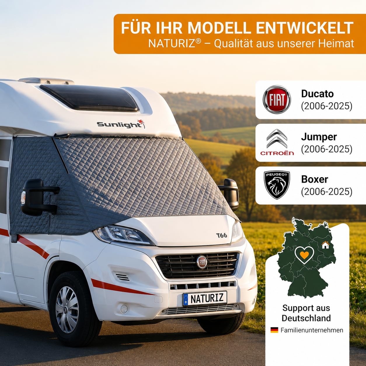 NATURIZ® FIAT Ducato Frontscheibenabdeckung – Premium Windschutzscheibenabdeckung - Thermomatte außen mit Sonnenschutz für Wohnmobile – für FIAT Ducato, Citroen Jumper, Peugeot Boxer 2006–2025 (FIAT)