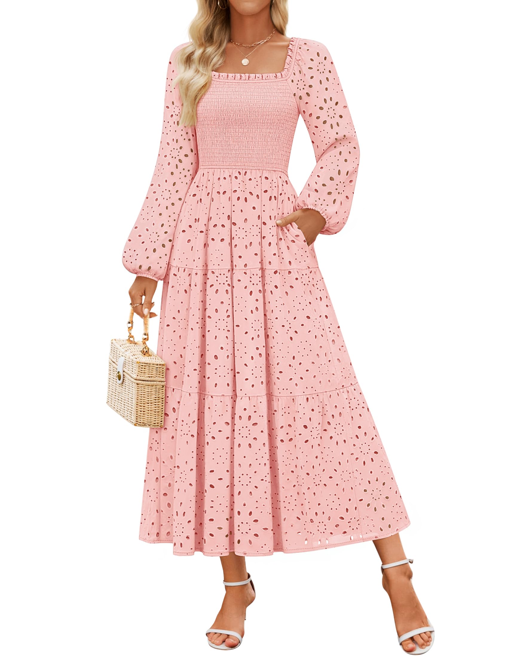 Photo 1 of ZESICA Women's Spring Long Sleeve Maxi Dresses 2026 Square Neck Hollow Out Eyelet Smocked A Line Cocktail Party Dress Pink Small