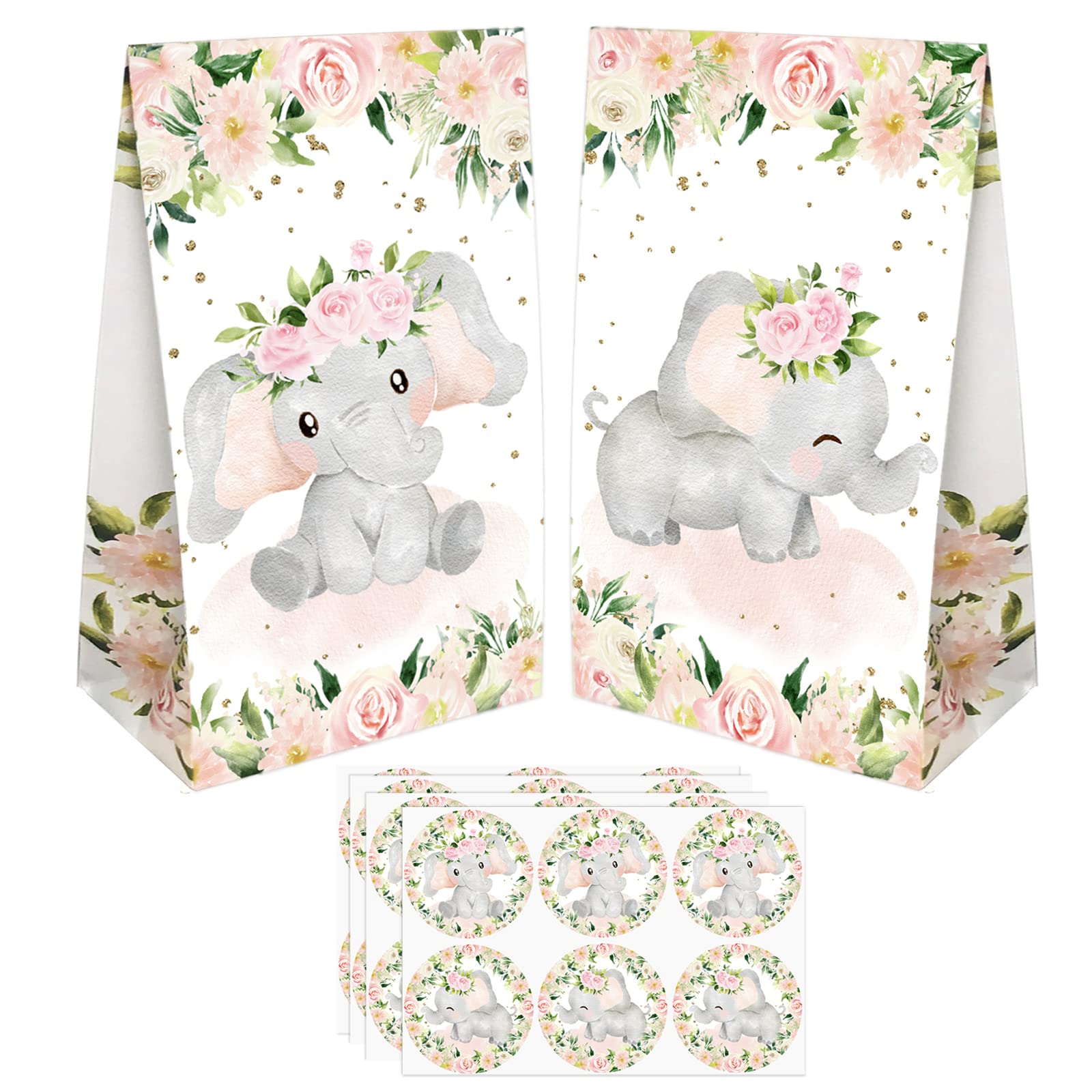 24 PCS Elephant Girl Party Favor Bags with Stickers - Elephant Girl Party Candy Bags – Pink Elephant Goodie Gift Treat Bags Pink Elephant Themed Birthday Party Supplies