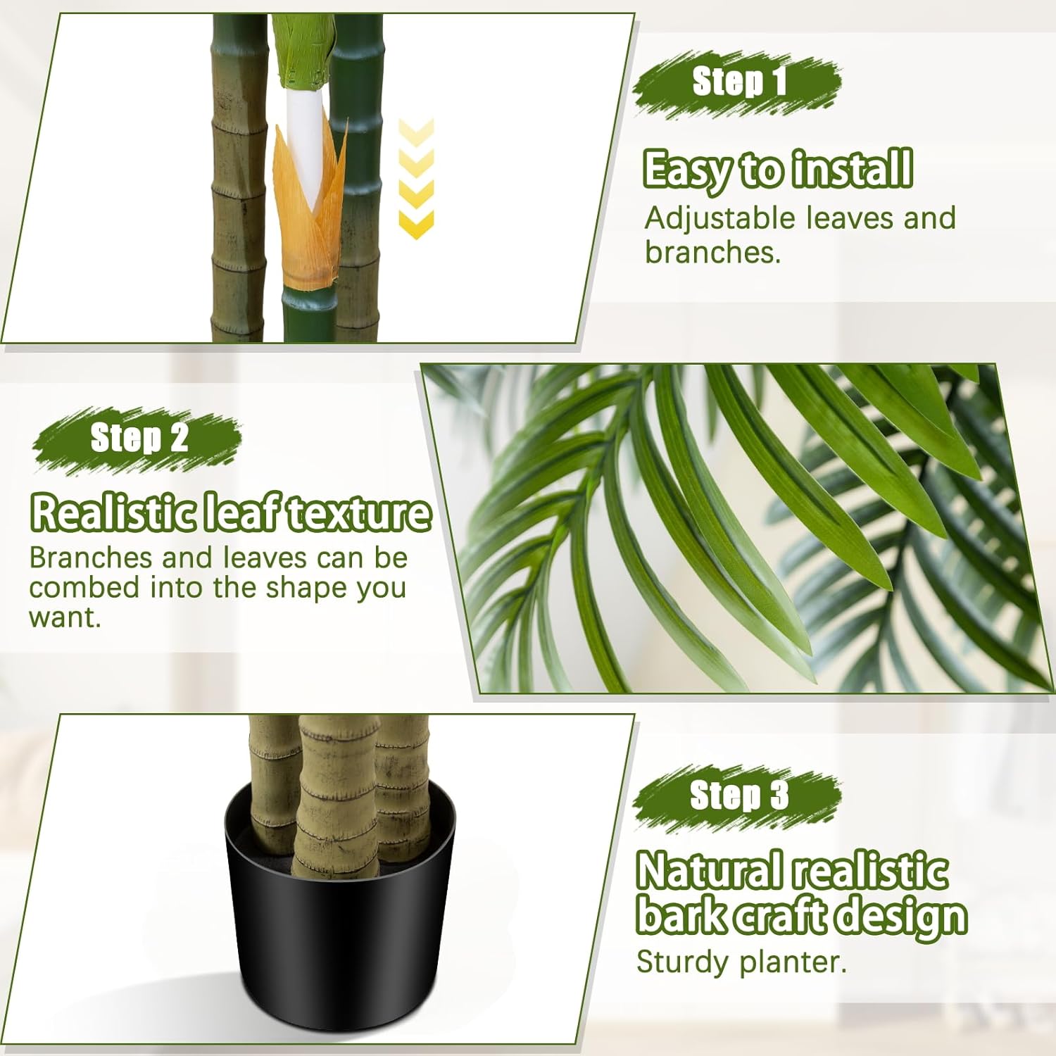 5ft Tall Golden Cane Artificial Tree Palm Outdoor, Large Artificial Plants Outdoor Faux Palm Tree with 3 Textured Trunks, Fake Tree for Indoor Outdoor Office Living Room Outside Patio