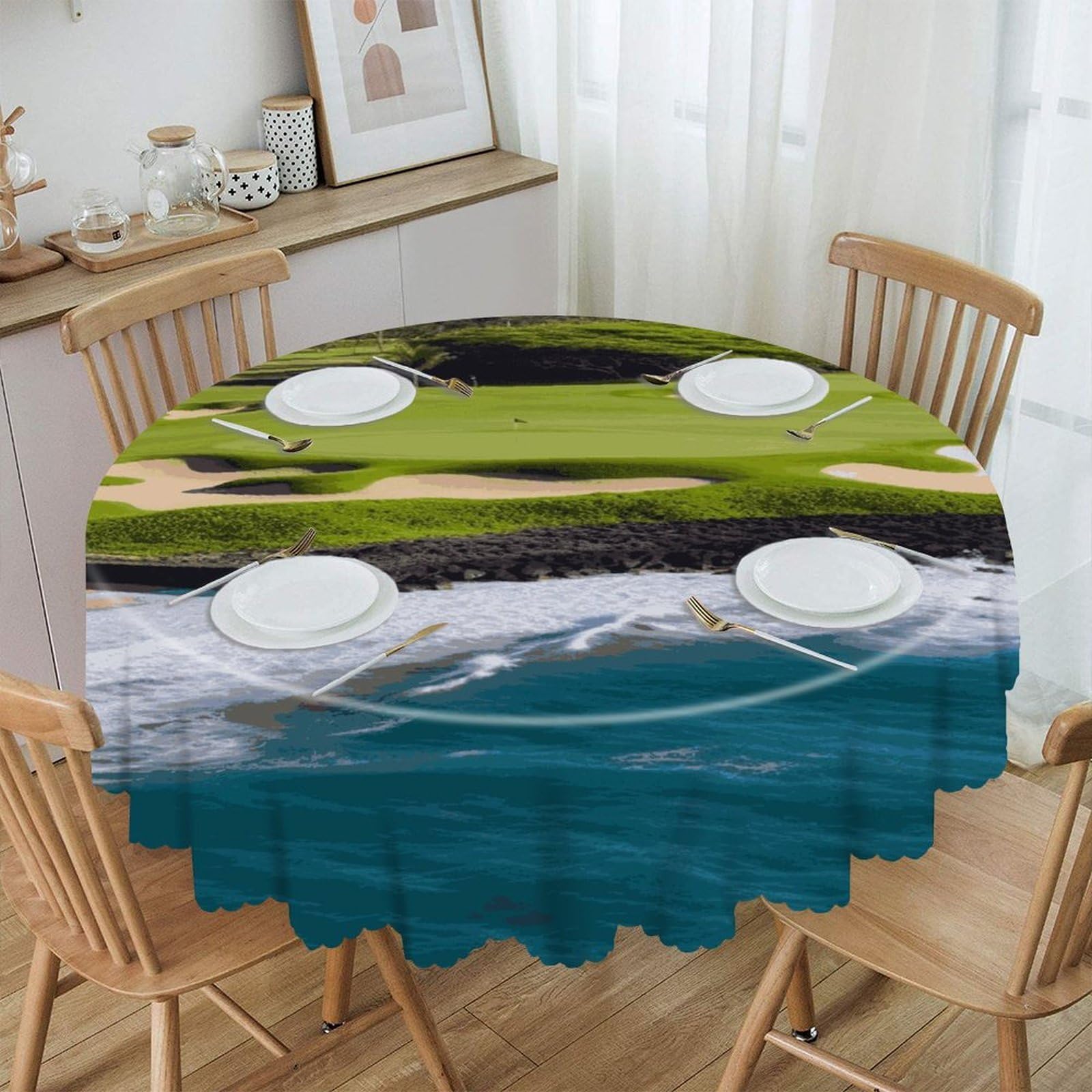Btcowzrv Style Hawaii Beach Golf Course Polyester Round Tablecloth 59.84 Inch, Decorative Washable Table Cover, Table Cloth For Restaurant Picnic Indoor And Outdoor Dining