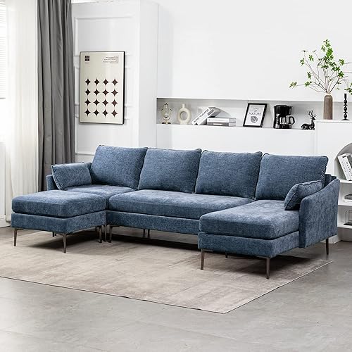 MELLCOM 115.4" Cloud Couch Sectional 4-Seat U Shaped Couch w/Chaise & Ottoman, Comfy Memory Foam Sectional Sofa in Washable Chenille Fabric, Modern Living Room Modular Sofa, Blue