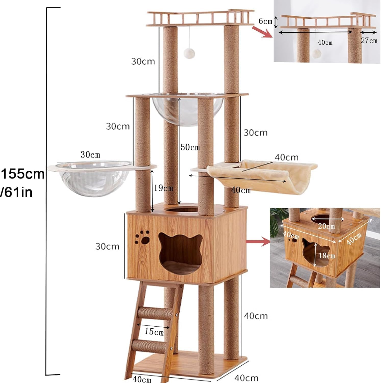 155 cm Grand Poteau à gratter avec Capsule Spatiale, en Jute, échelle, Cave, Jouet pour Chat, Plateformes en Peluche