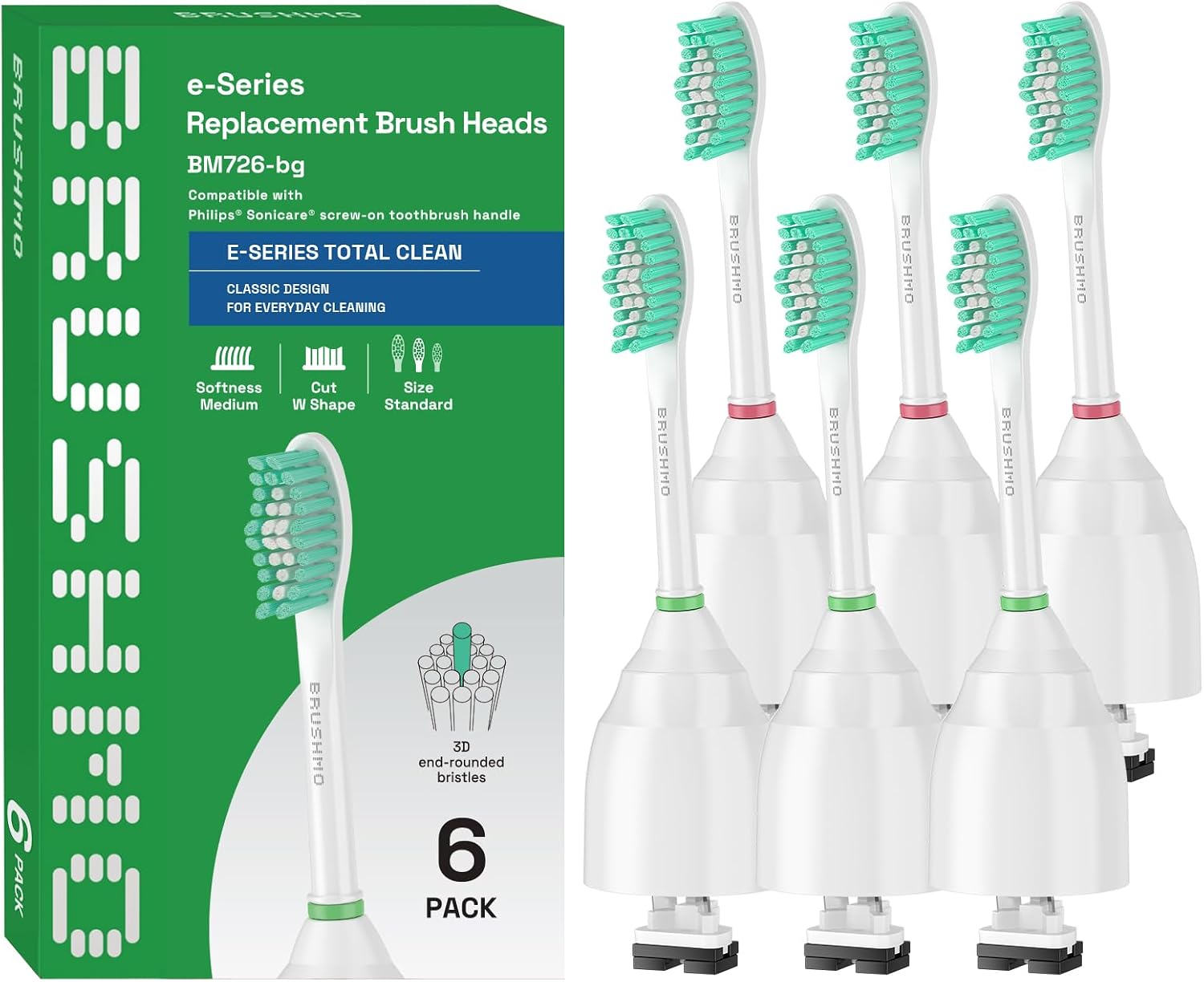 Brushmo e-Series Total Clean Replacement Toothbrush Heads, Compatible with Philips Sonicare Screw-on Electric Toothbrush Handles, 6 Standard Heads, Medium Firm Dupont Bristles, BM726-bg, White