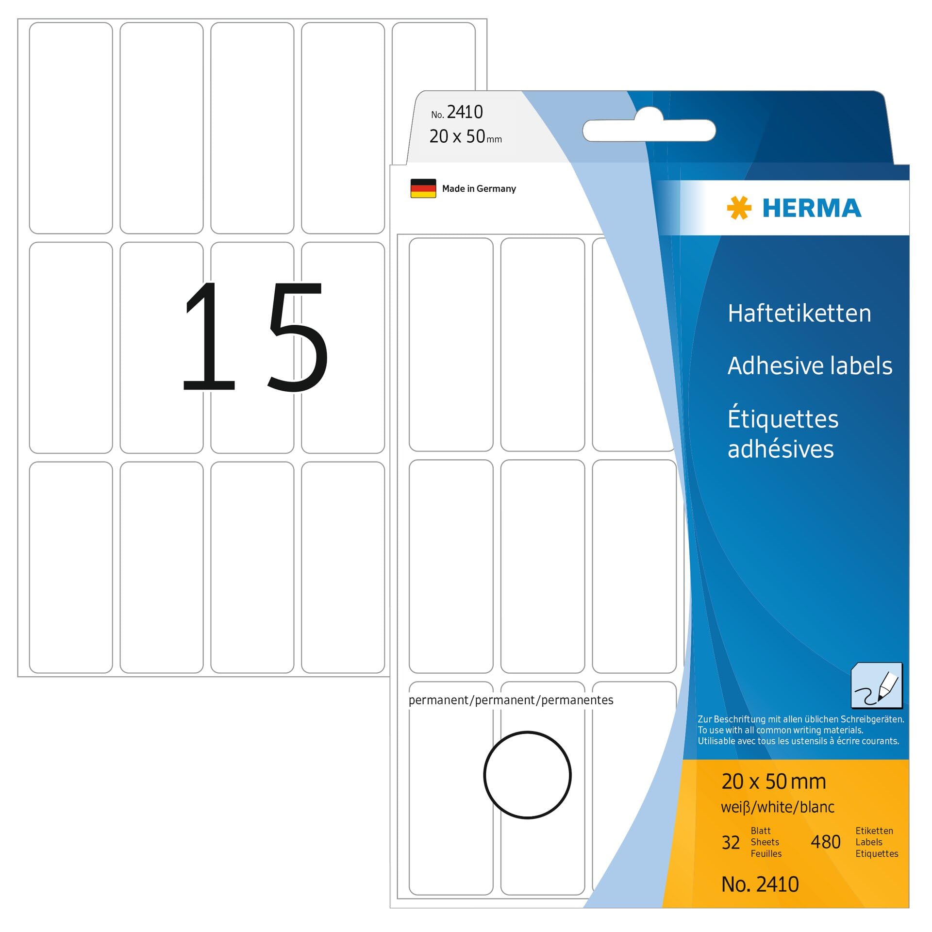 HERMA 2410 etykiet wielofunkcyjnych, 480 sztuk, 20 x 50 mm, 15 arkuszy w arkuszu, samoprzylepne, do gospodarstwa domowego, matowe, czyste naklejki na papier, białe