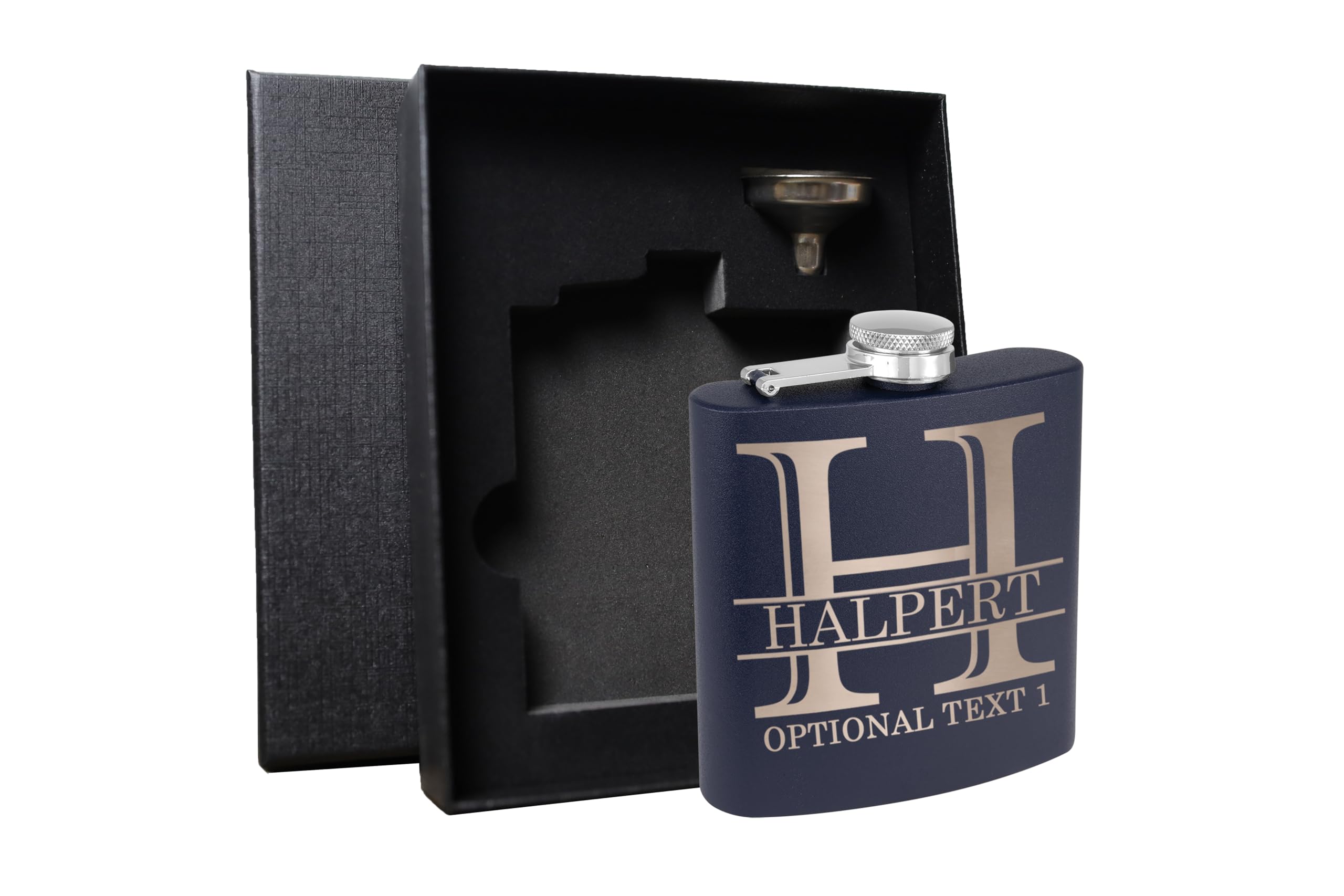 Personalized Etched 6oz Navy Blue Stainless Steel Flask – Halpert, Whiskey Gifts for Men - Metal Hip Pocket Discreet Flask – Custom Groomsmen Gifts –