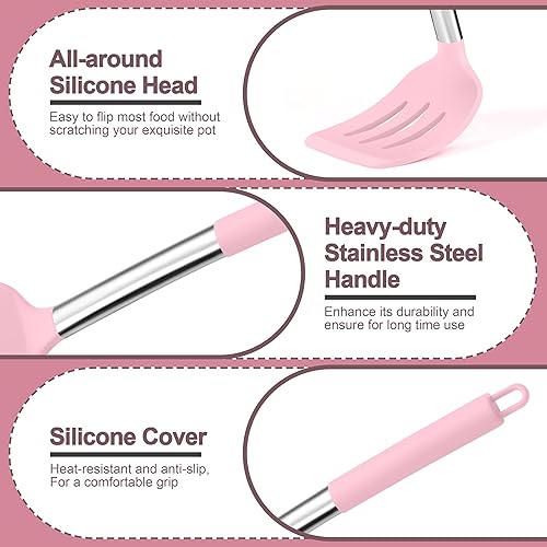 Miniatura 3 de P&P CHEF Juego de 4 utensilios de cocina rosados, espátulas sólidas de silicona, cucharas ranuradas para utensilios de cocina antiadherentes,