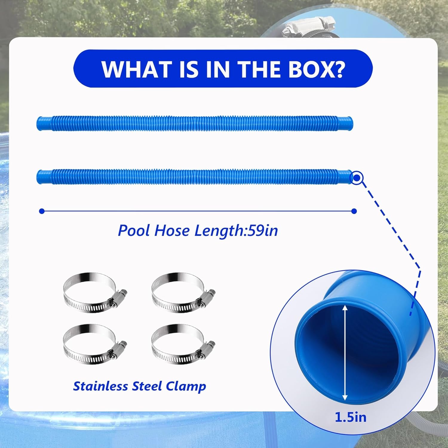 2 Pack Swimming Pool Hose Replacement Pool Hoses for Above Ground Pools, 59” Long 1.5" Diameter Filter Pump Hose with 4 Metal Clamps (Blue)