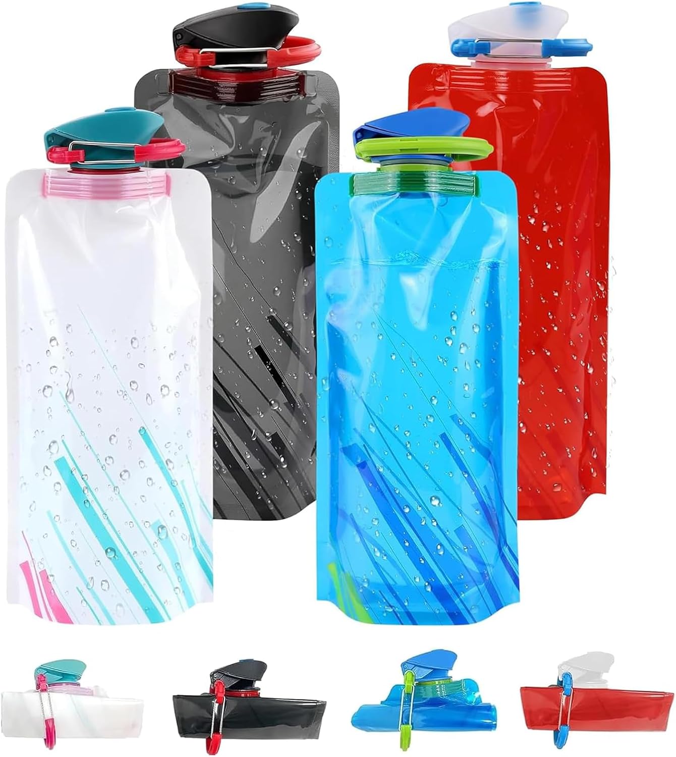 Jinora 4 Pack Collapsible Water Bottles for Travel – 23oz Foldable Water Bottle with Carabiner,Leakproof BPA-Free Water Jup, Portable Reusable Water Bottle for Hiking,Sports,Camping,Biking