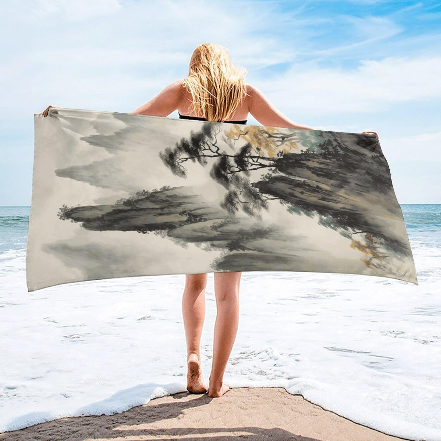 Chinese Landscape Painting Towel Vacation Accessories Essentials Soft Lighterweight，Bath Towel for Adults Women Men，Bath Towels Gift for All Occasions, Machine Washable.