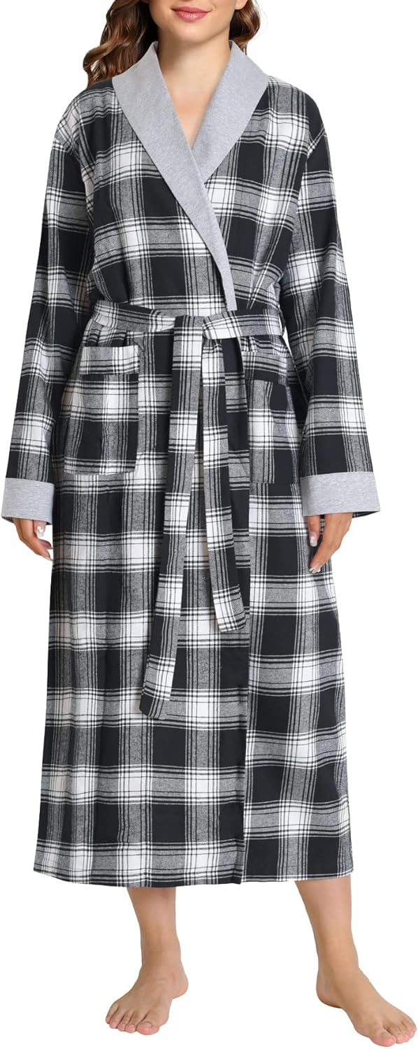 Latuza Women's Plaid Flannel Robe Long Cotton Bathrobe with Pockets