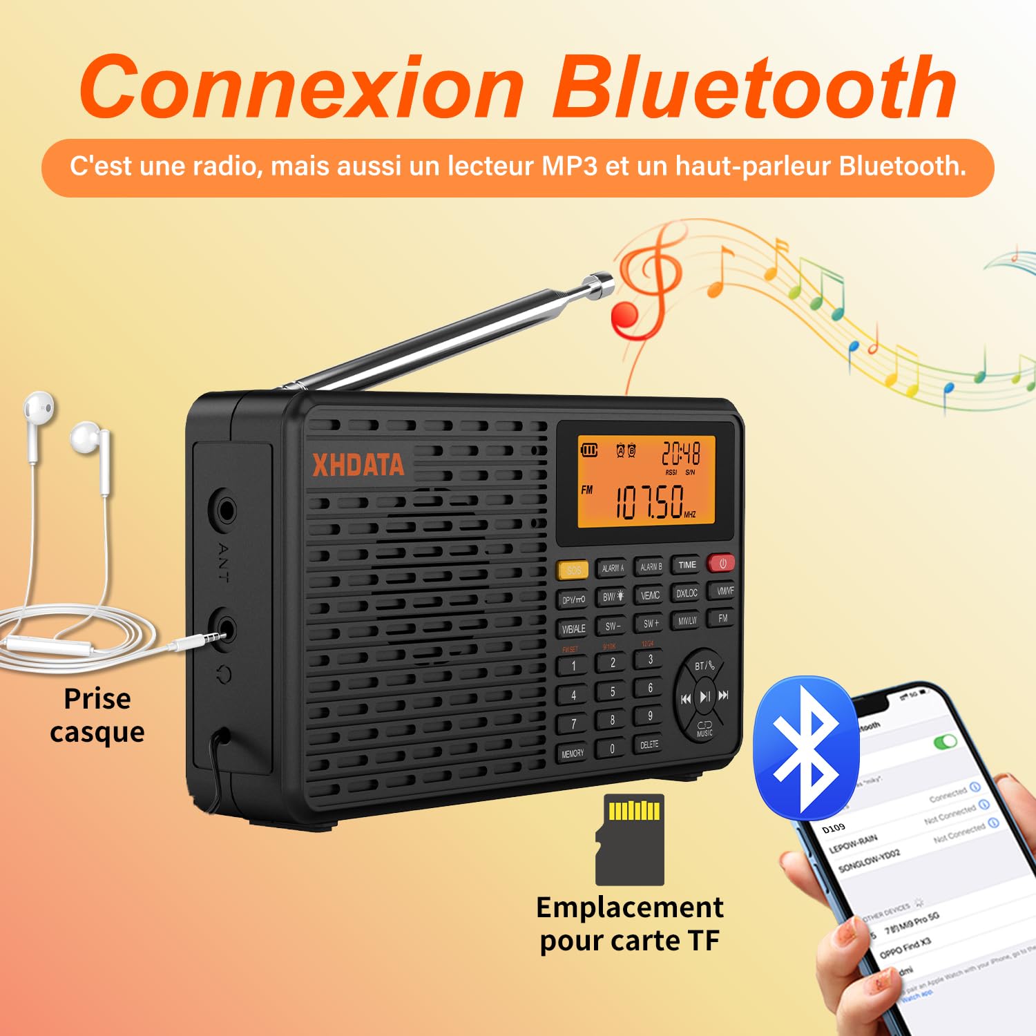 XHDATA D109WB Radio Transistor Portable Radio Piles et Secteur avec Alarme et Horloge Prise Casque Stéréo FM/AM/LW TF/Bluetooth Lecteur MP3 Excellente Réception