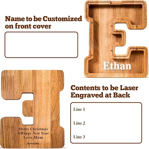 Miniatura 2 de Alcancía grande de madera con nombre personalizado para niños y niñas, alfabetos, letras A-Z, monedas, billetes, cambio de dinero, caja bancaria con