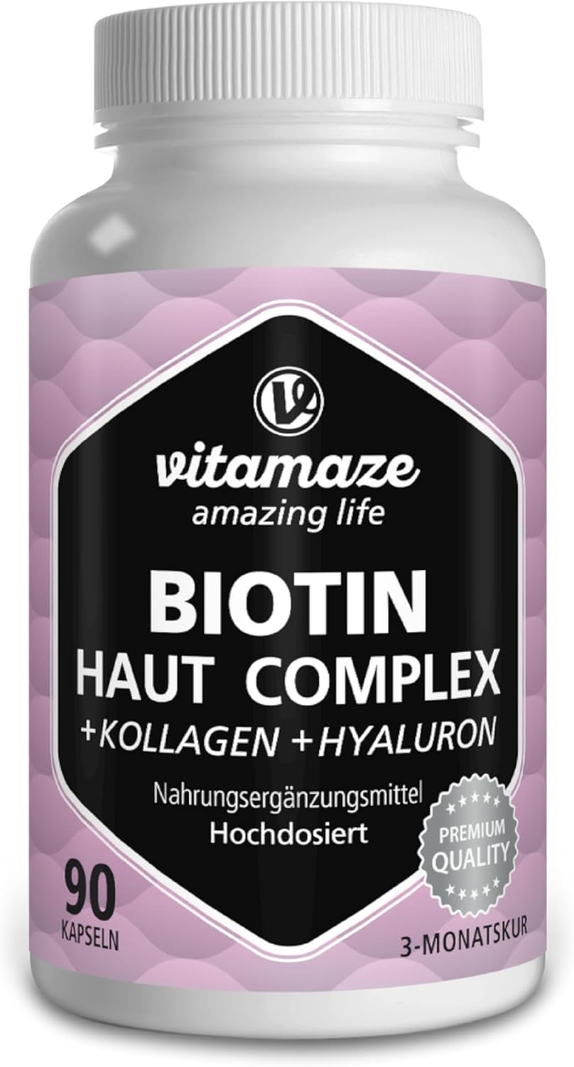 Huidcomplex met biotine, collageen, hyaluron, Q10 & vitamine C, 90 capsules voor 3 maanden, voor huid, haar & botten, voedingssupplement zonder toevoegingen, Gemaakt in Duitsland