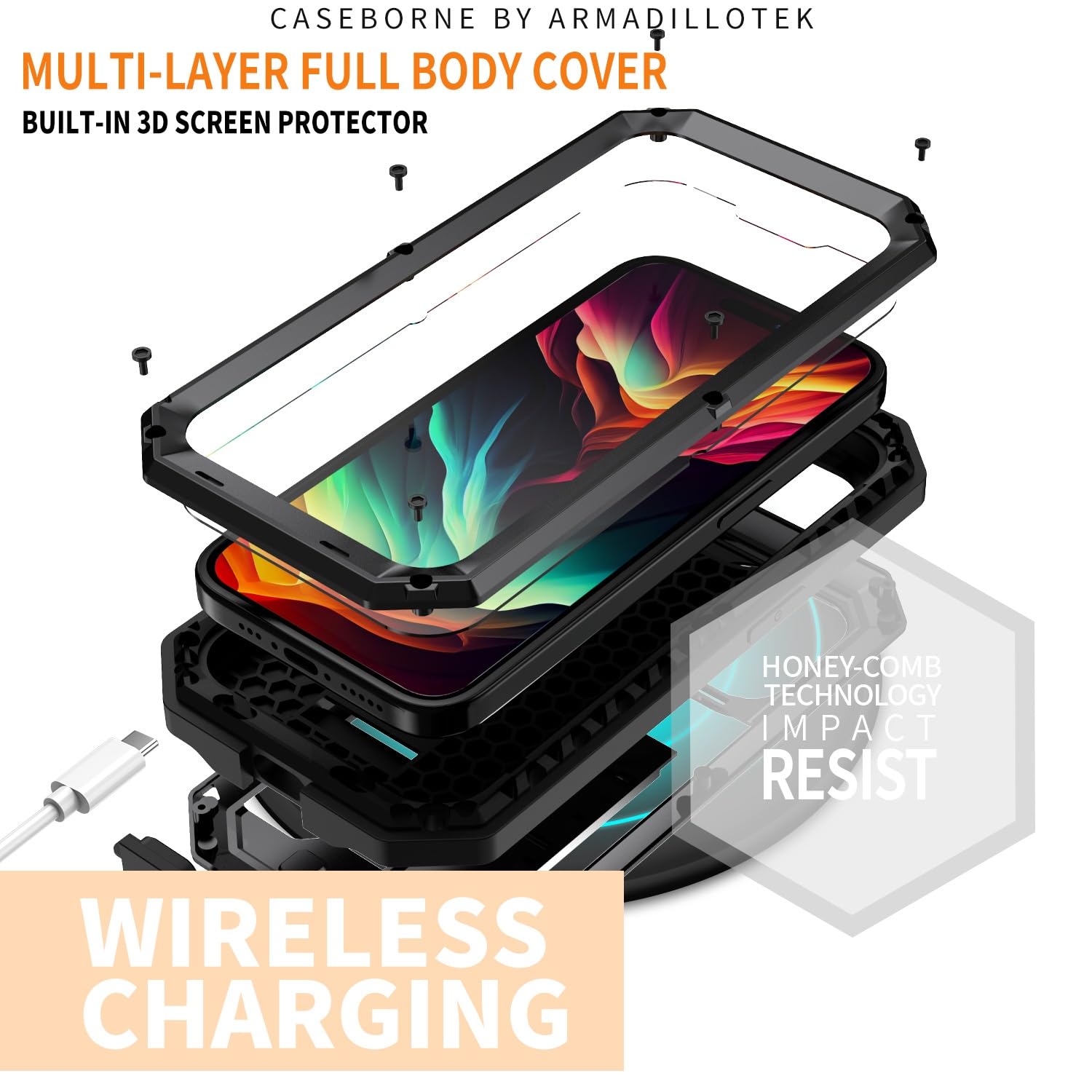 ENCASED Compatible with iPhone 15 Case with Built-in Screen Protector - Military Grade Protection with 360 Rugged Full-Body Coverage (iPhone 15) Black