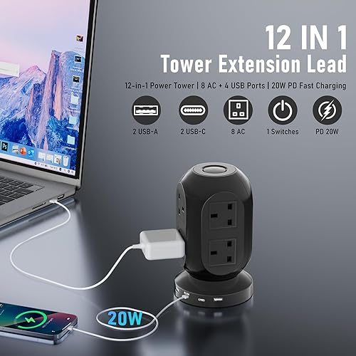Miniatura 3 de Torre de regleta de alimentación con protector de sobretensiones, torre de alimentación con puertos USB con 8 tomas de corriente y 2 puertos USB, 2