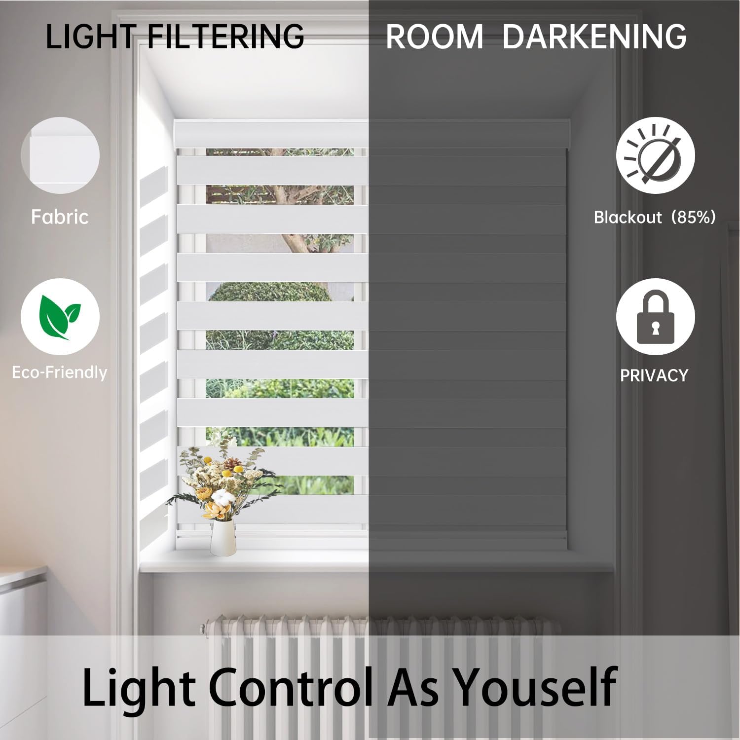 Changshade Custom Size Cordless Zebra Blinds for Indoor Window, Light Control Dual Layer Roller Zebra Shades with Thermal Insulated for Home,Living Room Easy Installation Blackout Zebra Blind Grey