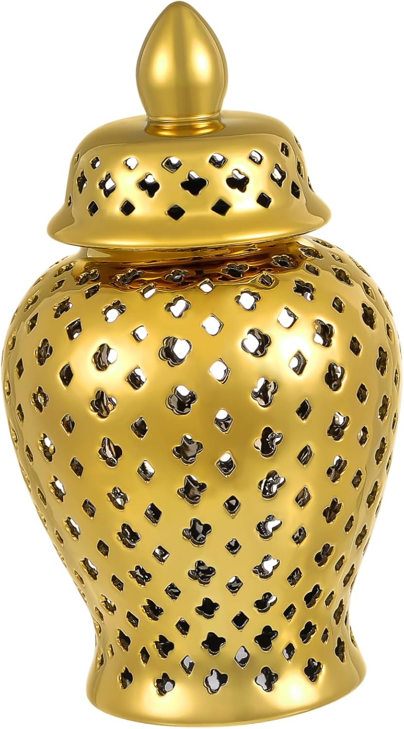 Ciieeo Hollow Ceramic Ginger Jar Decorative Flower Vase Multi Functional Tabletop Holder for Home Garden Wedding Party Storage and Planting