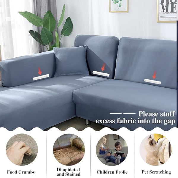 Jaotto Copridivano con Penisola Elasticizzato A Sinistra Destra, Fodere Copridivano Angolare Universale, Copri Divano Chaise Longue a Forma di L (3 posti+3 posti, grigio blu) - 5