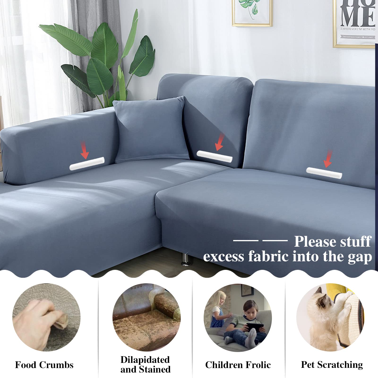 Jaotto Fodera per divano angolare estensibile 2 pezzi, copridivano elastico a forma di L, rivestimento per divano universale lavabile, copertura per divano (2 posti+3 posti, grigio blu)