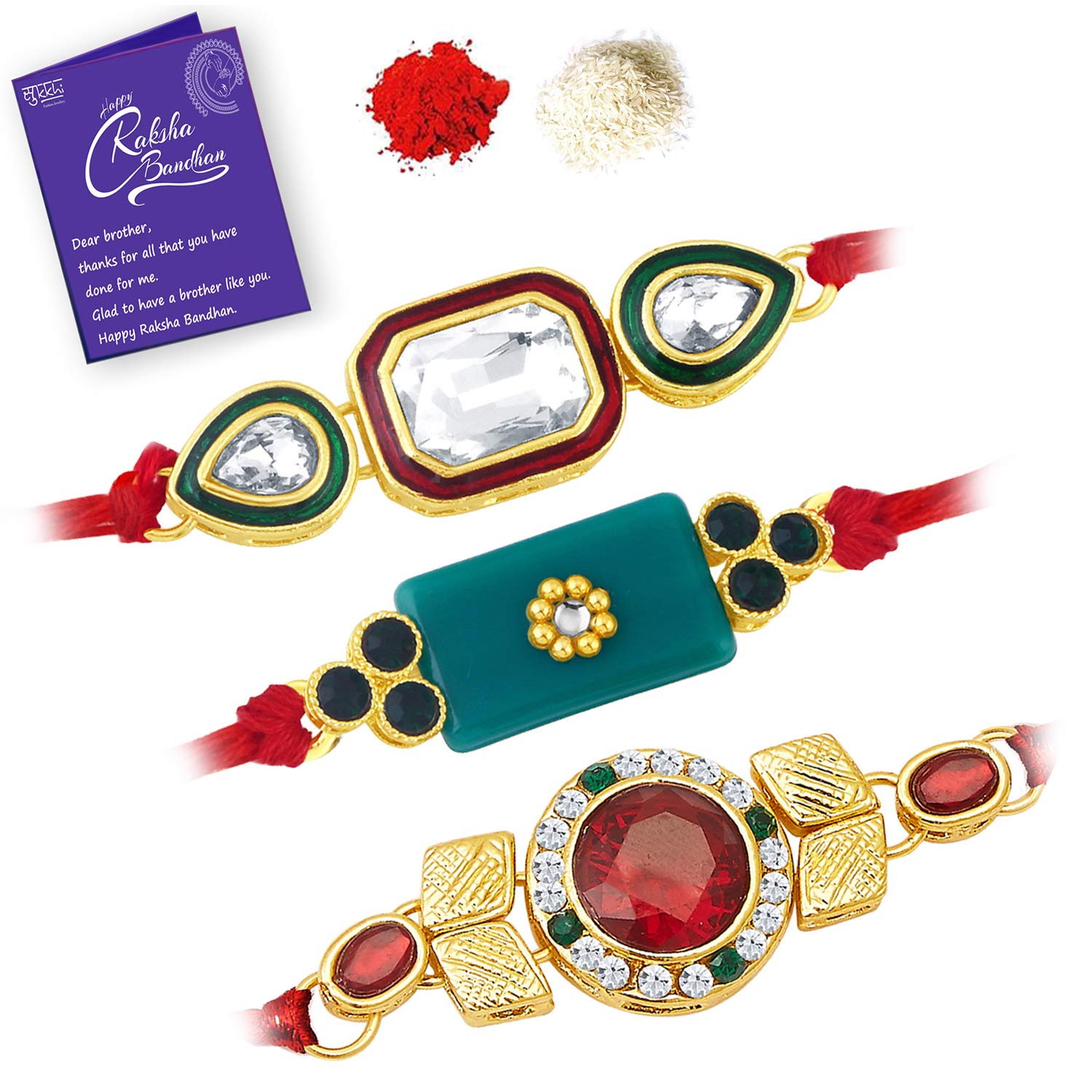 Sukkhi Rakhi Eye-Catching Kundan Rakhi Combo & Designer Gold Plated Premium Rakhi for Brother, Roli Chawal & Greeting Card|Rakhi for Bhaiya|Rakhi for MEN|Kundan Rakhi|Rakhi Combo-Set of 3 |CBRAK82925 (B07TRTFG26) Amazon Price History, Amazon Price Tracker