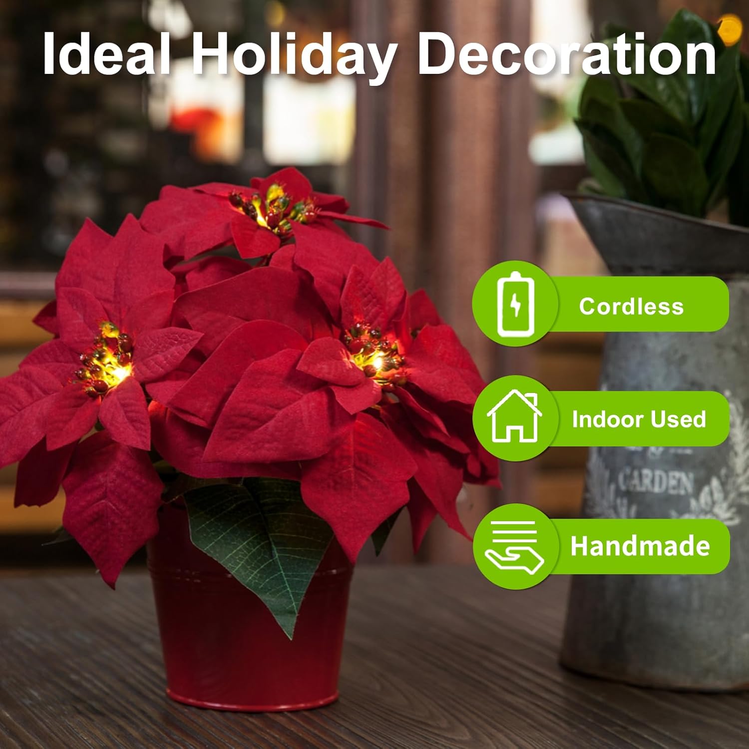 2 Pack 10" LED Lighted Artificial Poinsettias for Outdoors LED Poinsettia Flowers Artificial Faux Poinsettia Plants Poinsettia Christmas Decorations for Holiday Home Kitchen Decor - Image 3