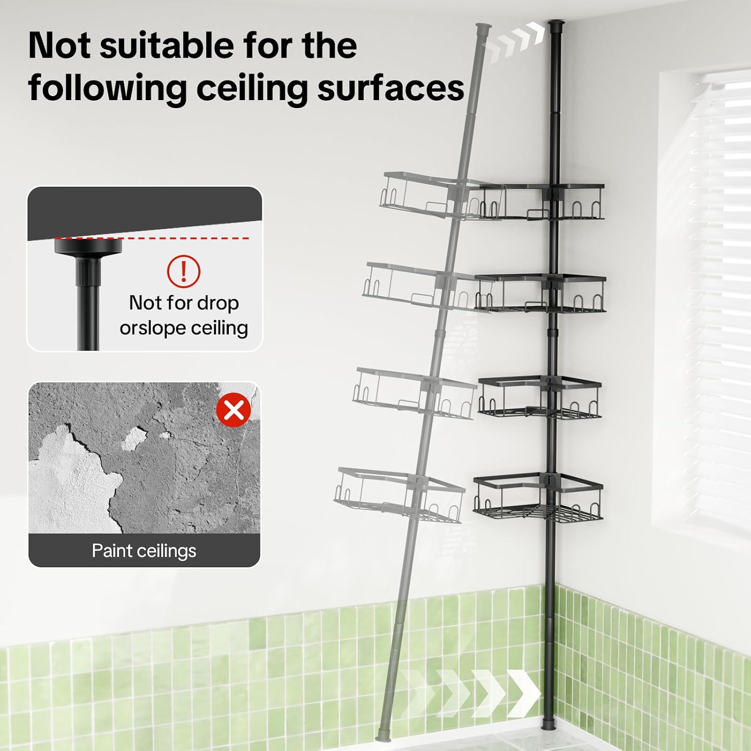 Corner Tension Pole Shower Caddy, 4 Tier Rustproof Shower Tension Rod Organizer with Soap Holder & Hooks, Adjustable 34-125 Inch Bathroom Shelf for Renters - Family Stand Storage Rack, Black