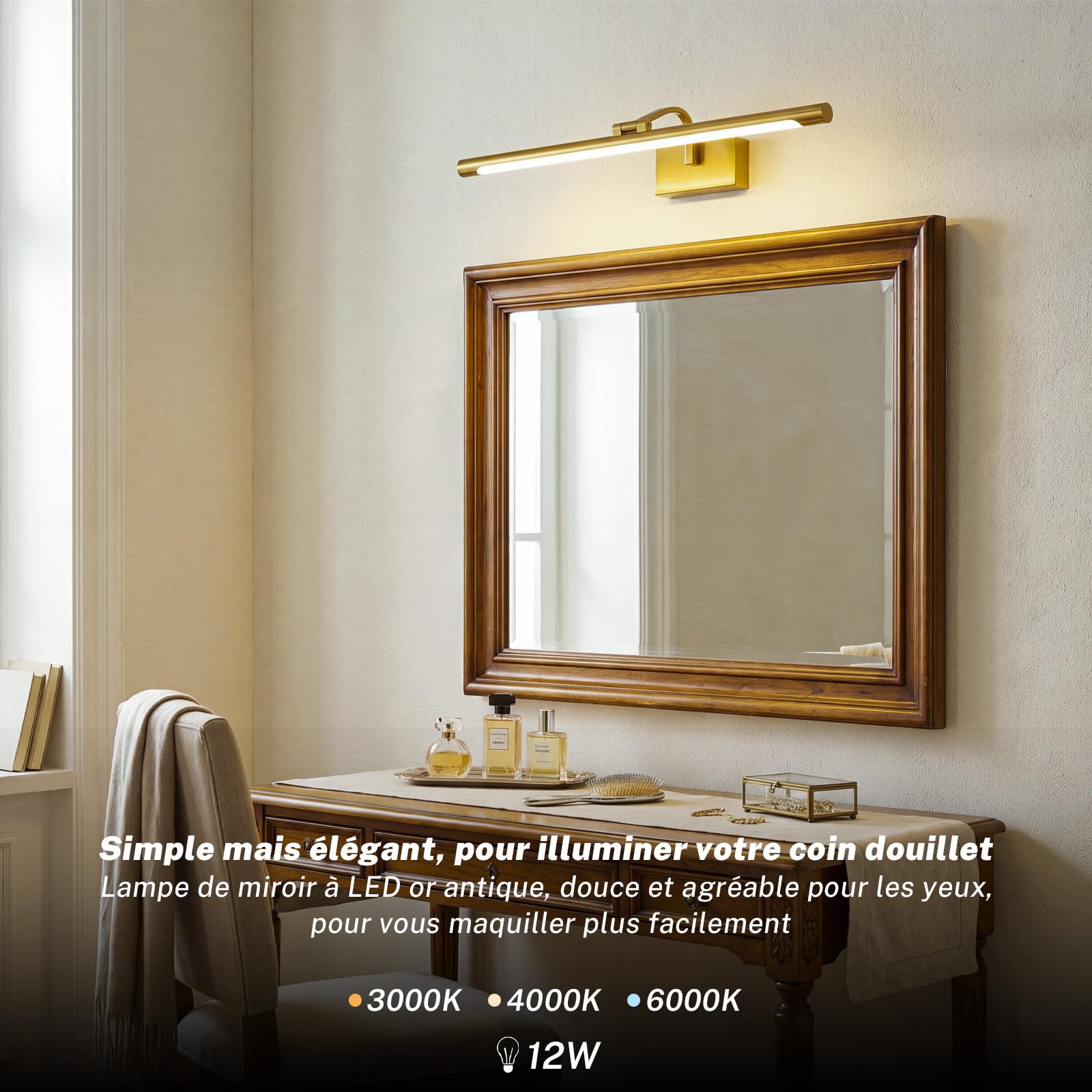 Lampe Miroir Salle de Bain 60cm, 3 températures de couleur Applique Murale LED Luminaire en Laiton 12W 630LM, IP44 Lumiere Moderne pour Rasage et Maquillage