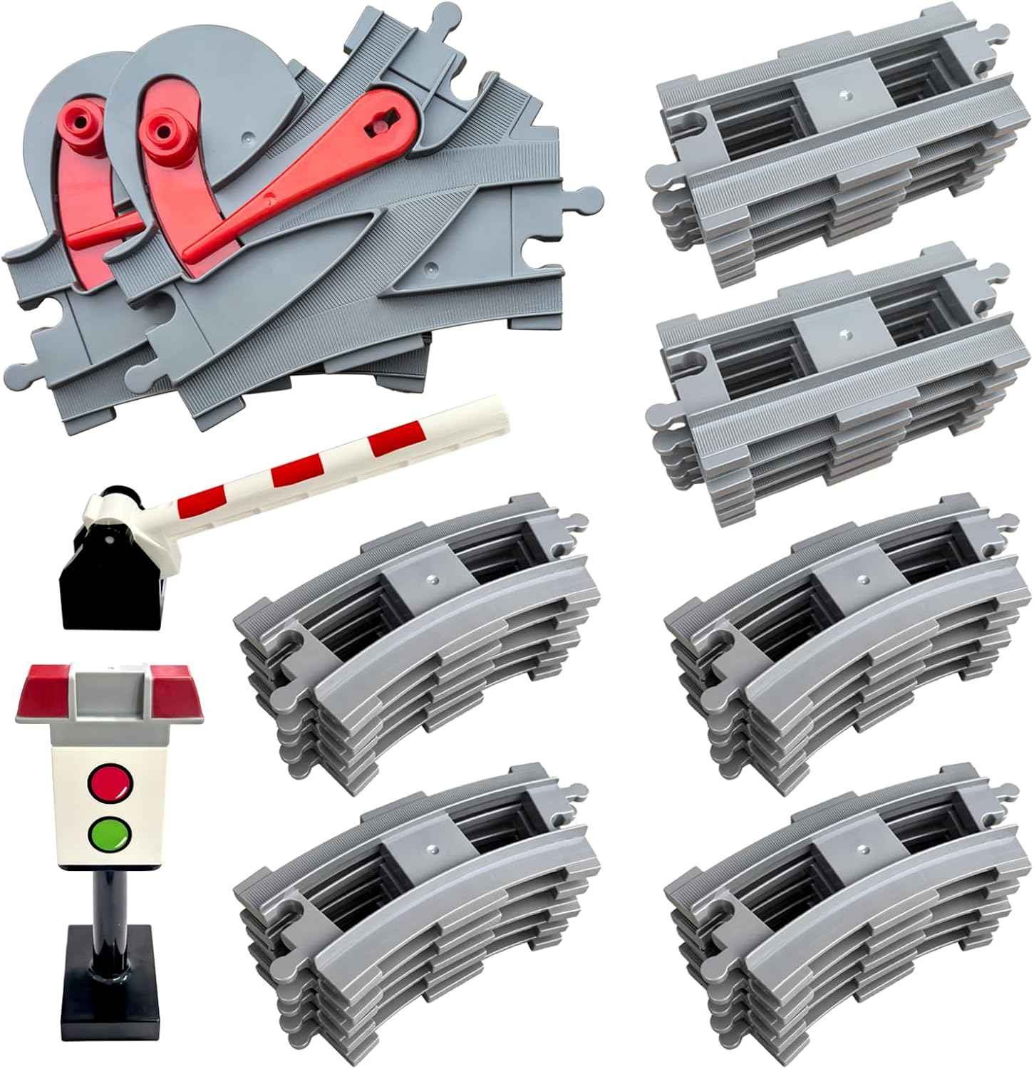 37 Pieces Train Tracks Set - Compatible with All Major Brands, Classic Railway Track with 20 Curved, 10 Straight and 2 Switches, Light Grey Toy Track Accessory for Kids