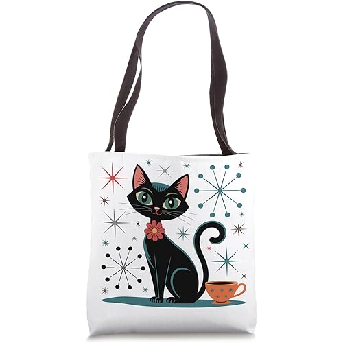 Retro Cat & Coffee Cup Atomic Stars Kitschy MCM Tote Bag