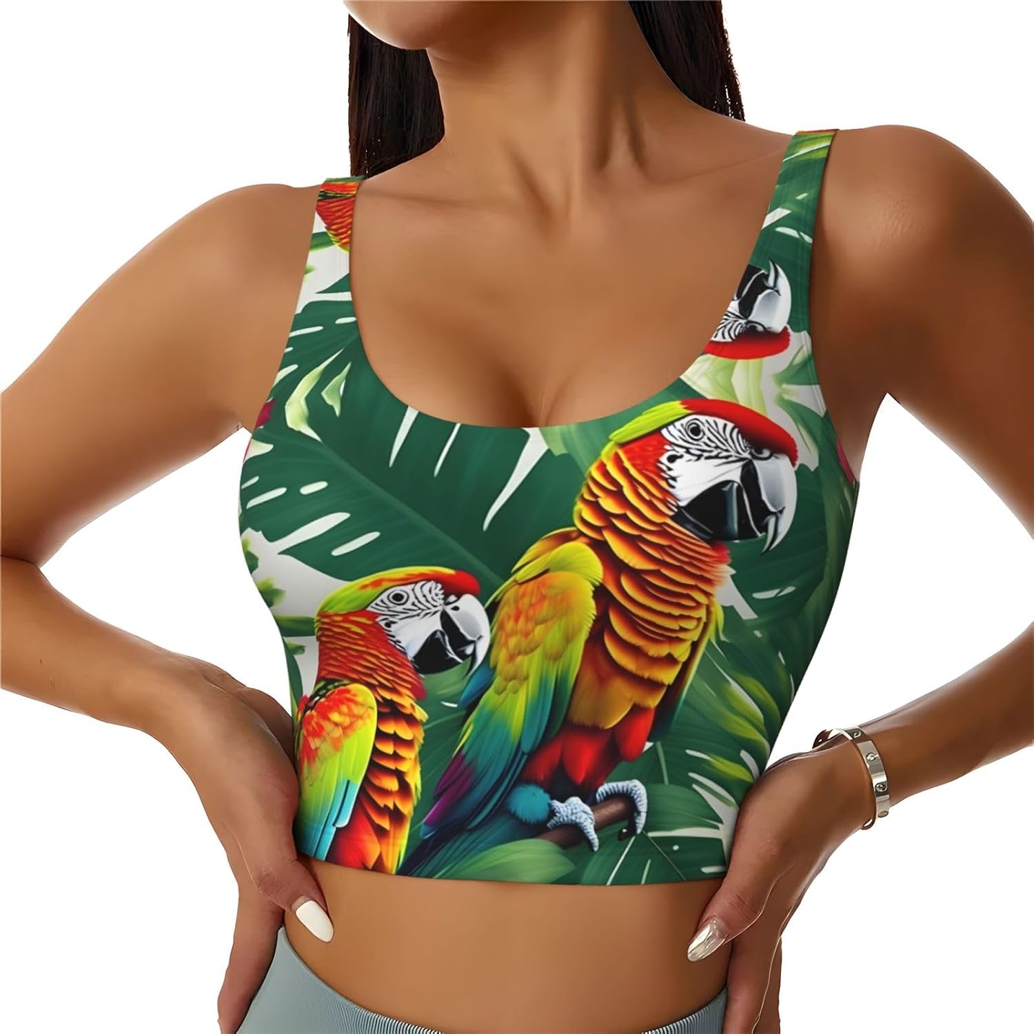 Tropical Flower Leaf Parrot Print Women's Sports Bra Tank Tops,Longline Sports Bras for Yoga,Workout and Running