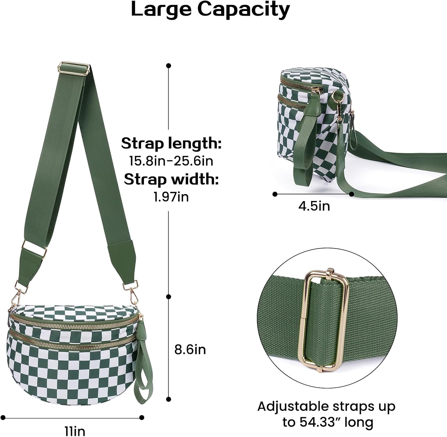 Checkered Bum Bag Crossbody Bag for Women, Spacious Purse Oversized Fanny Packs（Bean Green） - Image 5