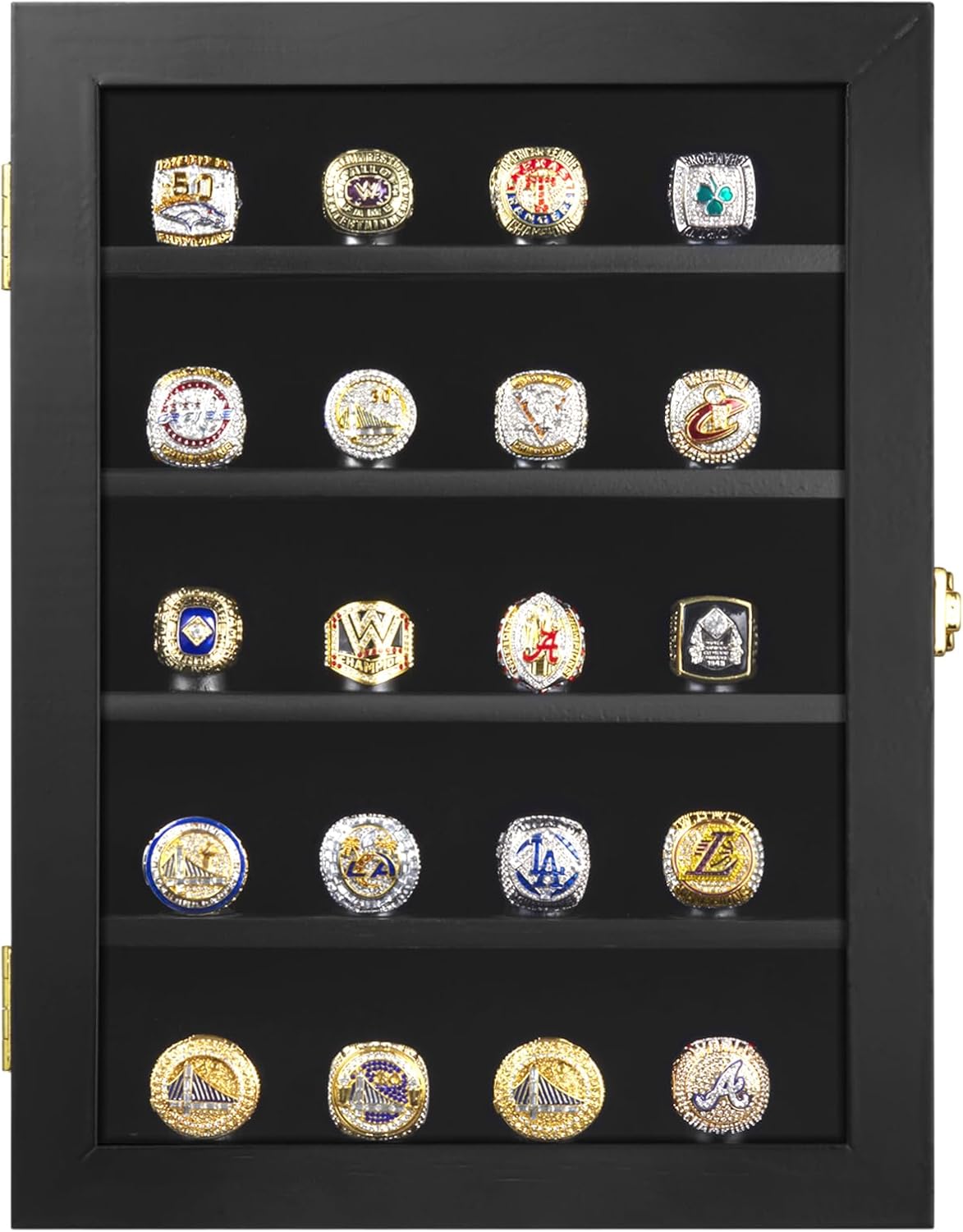 Solid Wood Championship Ring Display Case, 20 Cones Baseball Ring Display Case, Large Wall Mount Wooden Shadow Box with Locks to Show Award,Sport, Class, Fraternity, and Various Rings (Black)