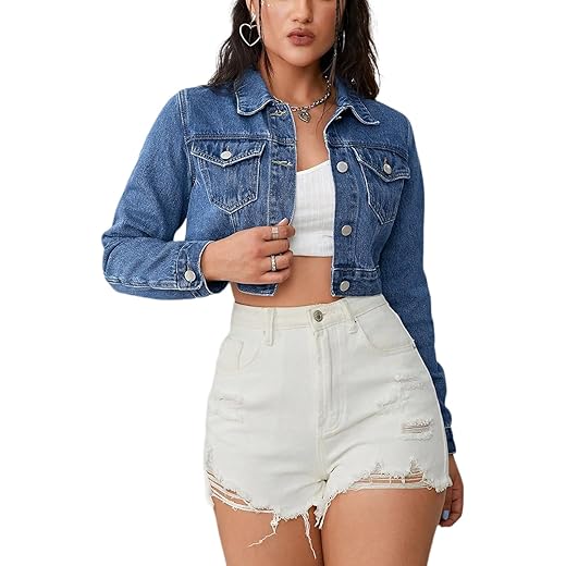 Cropped Jean Jacket for Women Long Sleeve Classic Casual Crop Top Denim Jackets Coat