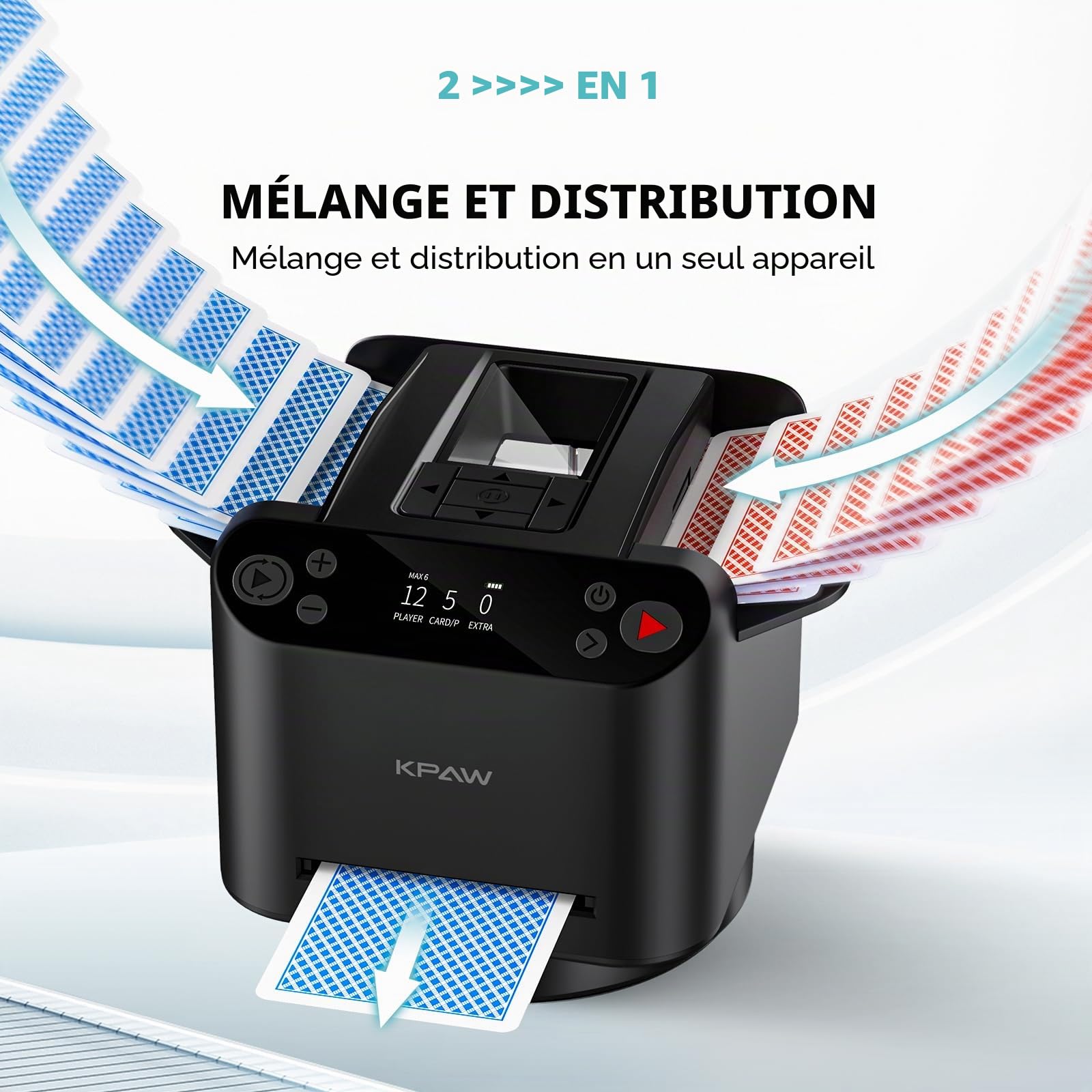 KPAW Mélangeur Automatique de Cartes et Croupier – 1 à 2 Jeux Prend en Charge 12 Joueurs, 4 télécommandes de Dessin, Jeux intégrés, Offre à 360°/180°, pour Poker, UNO, Phase 10, Skip-Bo, Rummy (Noir)