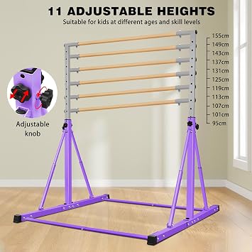 Foldable Gymnastics Bar, 105-155cm Height Adjustable Horizontal Bar, Training Bar for Kids Juniors, Safe & Sturdy Gym Equipment Ages 3-12, Play Bar with Easy Moving Wheels/Non-Slip Feet/Max Load 150kg