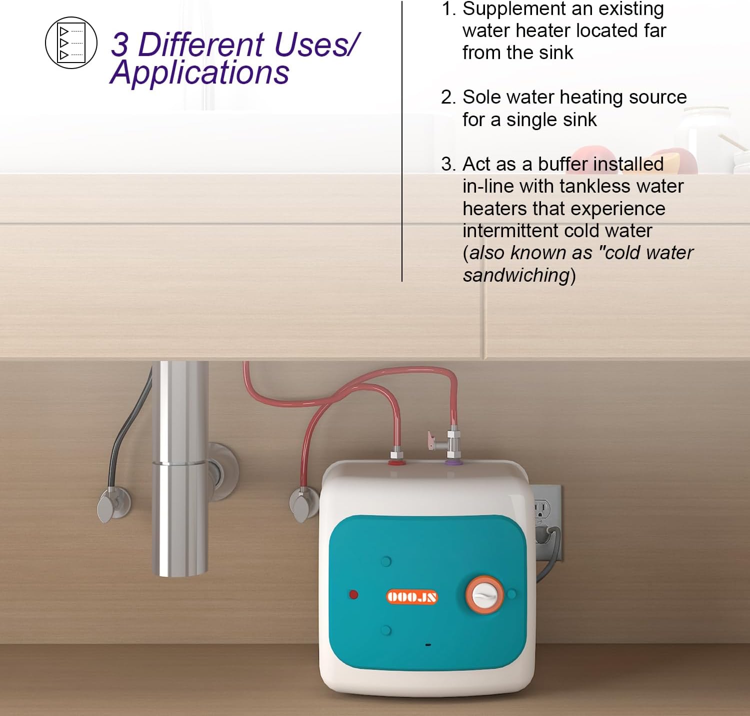 110V-120V 1440-1500W Instant Electric Hot Water Heater Under Kitchen Small Tank 4.0 Gallon,Rv Trailer Instant Fiberglass Point-of-Use,Food Truck 2 PCs 16” Long 1/2”FIP Stainless Steel Water Hose 15L