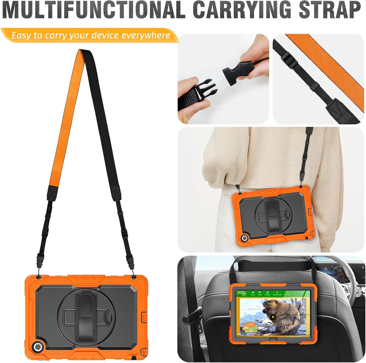 HXCASEAC for Lenovo Tab 10.1 Case (TB311FU / TB311XU) 2025 2026 with Screen Protector/Pen Holder/Rotating Hand Strap/Stand, Protective Lenovo Tab M10 10.1'' FHD+ (1920x1200) Tablet Case Kids, Orange image 5
