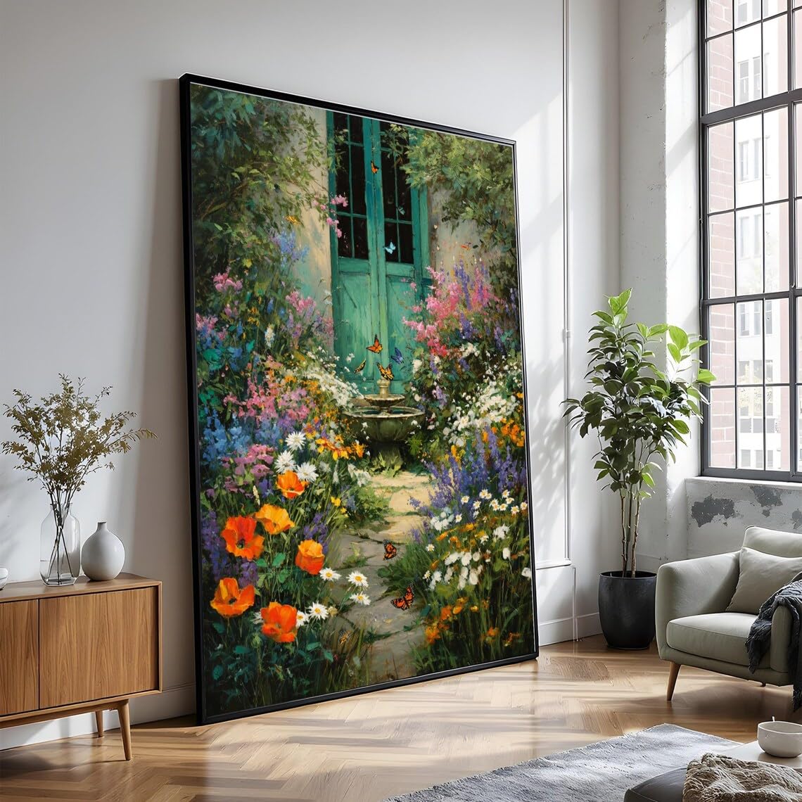 XINBAO Kwiatowy ogród na płótnie drzwi vintage motyle widok łuku dekoracja vintage płótno sztuka ścienna malarstwo plakaty i druki (60 x 90 cm / wewnętrzna rama)