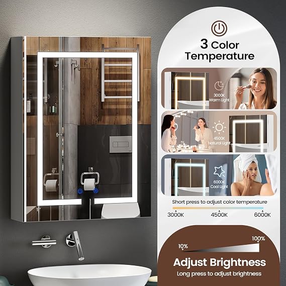 Bathroom Mirror Cabinet 500 x 660 mm with LED Lights, Touch Control, 3 Colour Dimmable Illuminated Mirror, Demister Pad & Shaver Socket