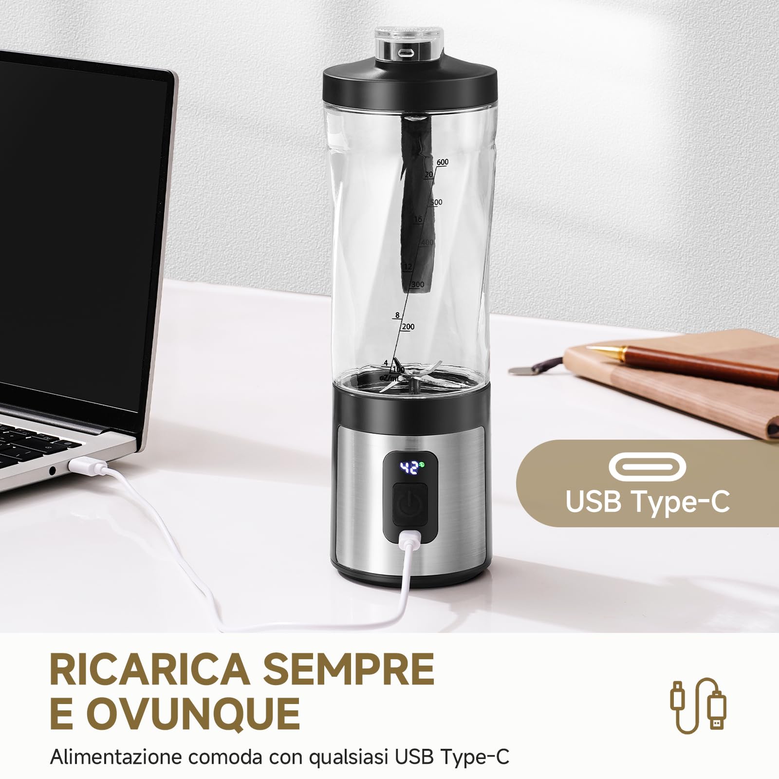 AMZCHEF Frullatore portatile da 600 ml, con 6 lame, 120 W, ricarica rapida tramite USB-C, IPX6, impermeabile, senza BPA, mini mixer per frullati in polvere proteica