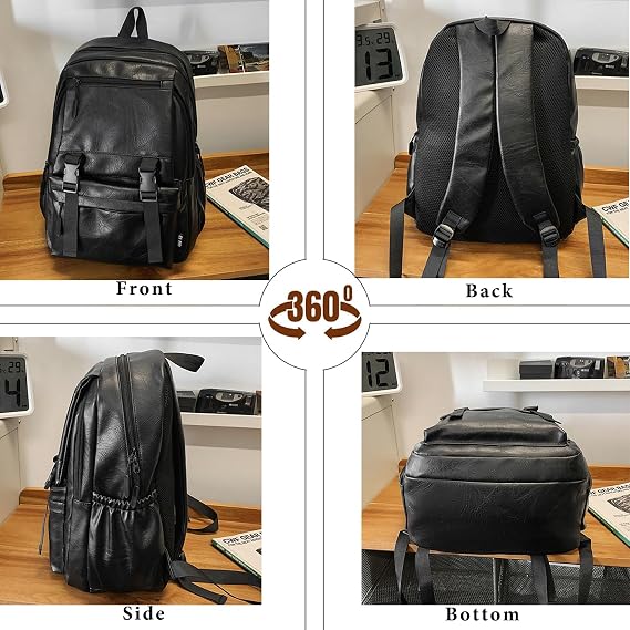 Mens Laptop Backpack, 15.6 Inch Laptop Rucksack, Travel Rucksack Faux Leather, Multiple Pockets Water Resistant Large Capacity for Business Travel, Black