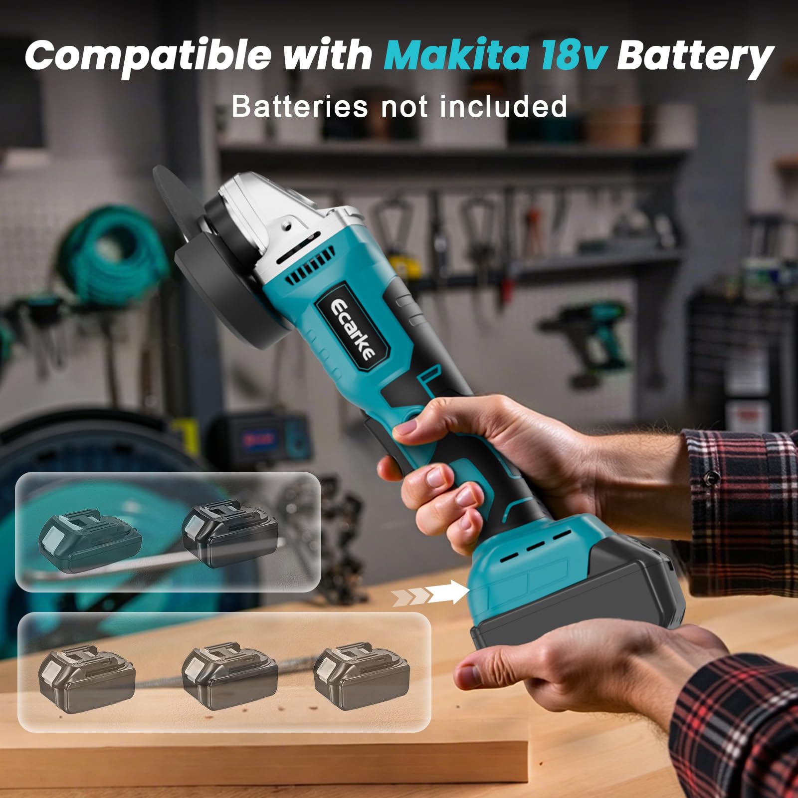 Ecarke Akku Winkelschleifer kompatibel mit Makita Akku 18V Li-Ion, 900W Bürstenloser Profi-Schleifer, 9000U/min, 12.5cm Scheibendurchmesser mit Winkelschleiferschlüssel (Ohne Akku und Ladegerät)